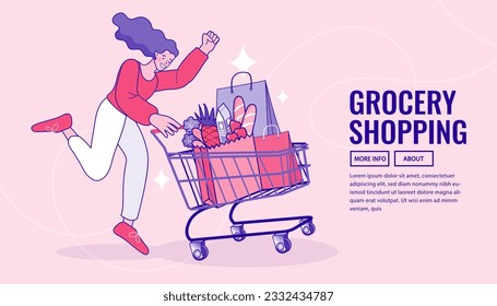 Girl with cart for shopping from the store. Pretty young woman with shopping bags big sale. E-commerce advertising. fast online delivery service. flat vector illustration.