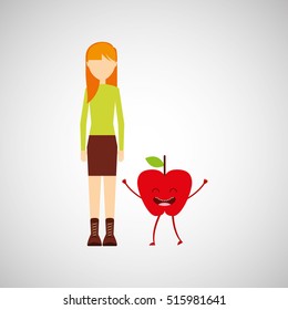 girl cartoon and apple cute fruit icon vector illustration eps 10