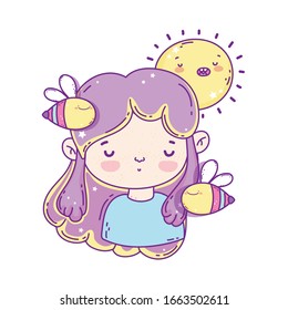 girl cartoon with bees and sun design, Kawaii expression cute character funny and emoticon theme Vector illustration