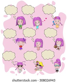 Girl cartoon with bubble chat/ Vector of a girl in different poses with bubble chat, isolated on a background, fully editable Eps 10.