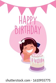 girl cartoon with cake design, Happy birthday card celebration decoration surprise party anniversay and invitation theme Vector illustration