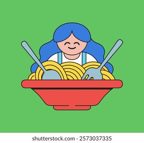 A girl cartoon character joyfully enjoying a bowl of noodles with fork and spoon hand drawn illustration