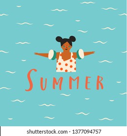 Girl cartoon character learning how to swim. Summertime illustration with text quote summer.