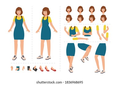 Girl cartoon character for motion design with facial expressions, hand gestures, body and leg movement