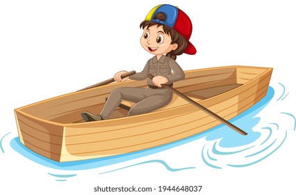 Girl cartoon character rowing the boat isolated illustration