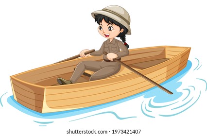 Girl Cartoon Character Rowing The Boat Isolated Illustration