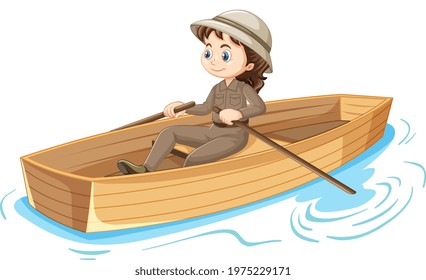 Girl cartoon character rowing the boat isolated illustration