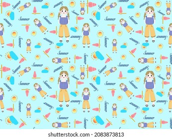 girl cartoon character seamless pattern on blue background
