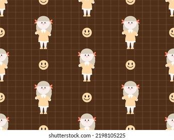 Girl cartoon character seamless pattern on brown background
