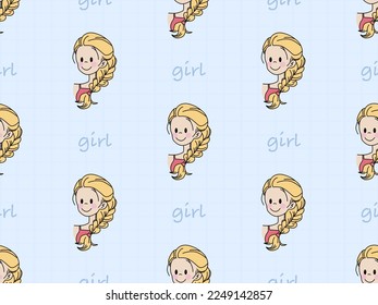 Girl cartoon character seamless pattern on blue background