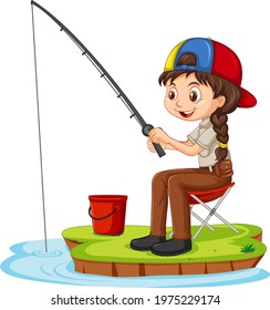 A girl cartoon character sitting and fishing on white background illustration