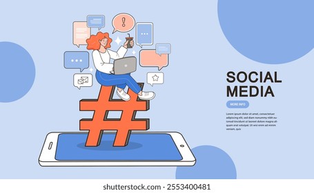 Girl cartoon character sitting on a hashtag icon. Social media. woman using mobiles for online communication. Sharing posts in social networks. Share concept. vector outline illustration.