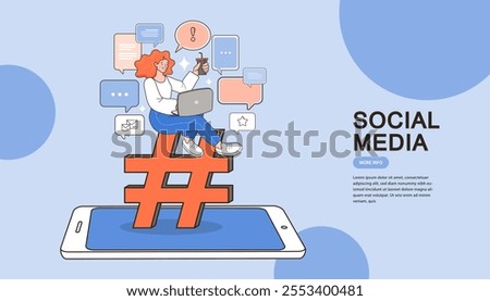 Girl cartoon character sitting on a hashtag icon. Social media. woman using mobiles for online communication. Sharing posts in social networks. Share concept. vector outline illustration.