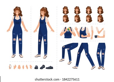 Girl cartoon character with various facial expressions, hand gestures, body and leg movement illustration. Character for motion design animation