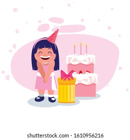 girl cartoon with gift and cake design, Happy birthday card celebration decoration surprise party anniversay and invitation theme Vector illustration