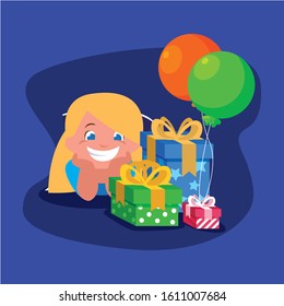 Girl cartoon with gifts design, Happy birthday card celebration decoration surprise party anniversay and invitation theme Vector illustration