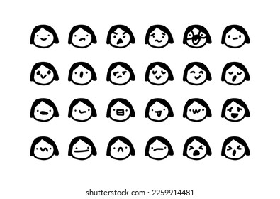 Girl cartoon illustration set of emotions expressive head black white