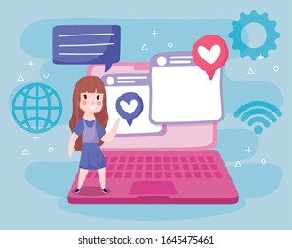 Girl cartoon with laptop design, Social media multimedia communication digital marketing internet web and connect theme Vector illustration