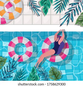 caricatura femenina sobre float en la piscina con el diseño de las hojas top view, vacaciones de verano y tema tropical Ilustración vectorial