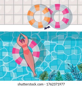 girl cartoon on float at pool with leaves top view design, Summer vacation and tropical theme Vector illustration