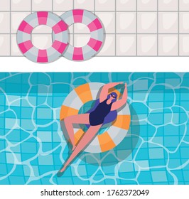 dibujos animados de chicas sobre float en el diseño de la piscina superior, vacaciones de verano y tema tropical Ilustración vectorial