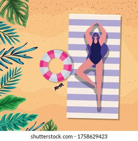 girl cartoon on towel with float at beach top view design, Summer vacation and tropical theme Vector illustration