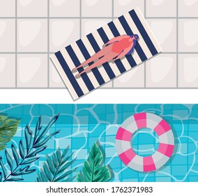 girl cartoon on towel at pool with leaves top view design, Summer vacation and tropical theme Vector illustration