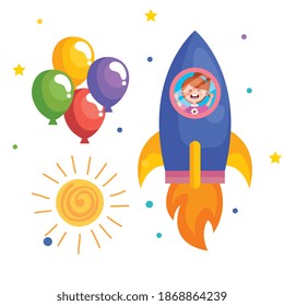 girl cartoon in rocket with balloons design, Kid childhood little and people theme Vector illustration