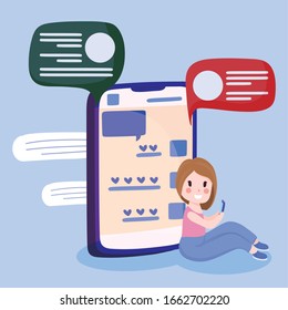 girl cartoon with smartphone and bubbles design, Social media multimedia communication digital marketing internet web and connect theme Vector illustration