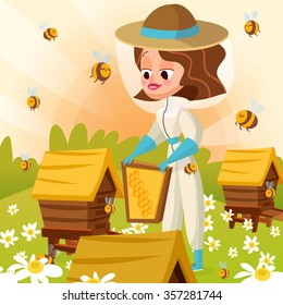 The girl in a cartoon style of the apiary honey collecting. Bee clues with cheerful bees. A healthy and wholesome food.