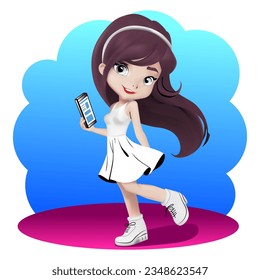 Girl in cartoon style. Cheerful student. Beautiful drawing of a girl for children. A girl with a phone. Vector illustration.