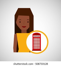 girl cartoon travel london box red telephone design, vector illustration  graphic 