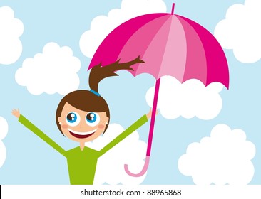 girl cartoon with umbrella over sky. vector illustration