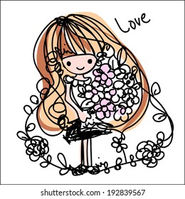 girl cartoon vector file with flowers