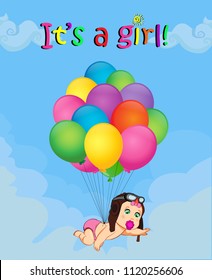 It's a girl cartoon vector illustration with cute baby in pilot hat falling down on bunch of helium balloons on blue cloudy sky background. Baby shower greeting card. Newborn baby arrival concept.