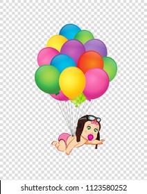It's a girl cartoon vector illustration with cute baby girl in pilot hat flying on bunch of colorful helium balloons on transparent background. Baby shower greeting card clipart. Newborn baby arrival
