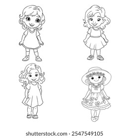 Dibujos animados de la muchacha, Ilustración vectorial aislada en el fondo blanco, páginas de libro para colorear.