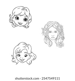 Garota desenho animado, ilustração vetorial isolado no fundo branco, colorindo páginas do livro.