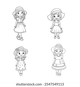 Dibujos animados de la muchacha, Ilustración vectorial aislada en el fondo blanco, páginas de libro para colorear.