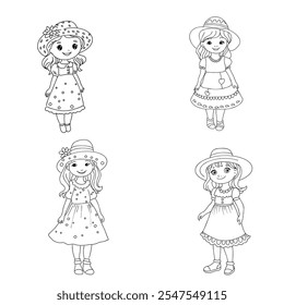 Dibujos animados de la muchacha, Ilustración vectorial aislada en el fondo blanco, páginas de libro para colorear.