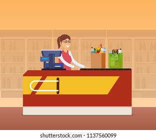 Girl cashier staff behind the counter of cash register, pierces goods, products on background of store interior with stands with drinks. Supermarket, shopping center, shop market. Vector illustration.