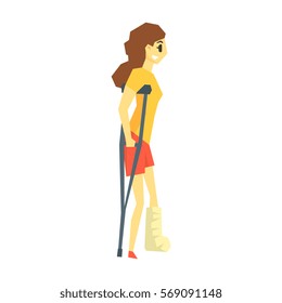 Girl With Cast On Leg Walking With Croushes, Young Person With Disability Overcoming The Injury Living Full Live Vector Illustration