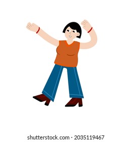 Girl in casual cloth. Modern female character. Young Woman walk. Flat cartoon illustration isolated on white