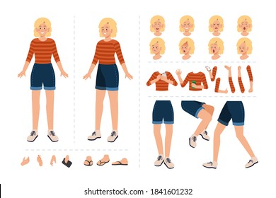 Caricatura femenina en ropa casual para diseño de movimiento con expresiones faciales, gestos de mano, ilustración de movimiento de cuerpo y pierna