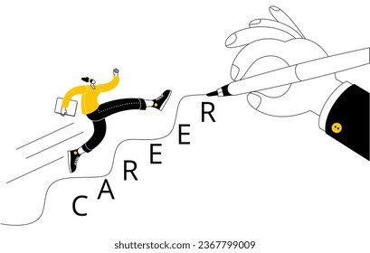 A girl in casual clothes with a laptop in her hands is running up the career ladder, which is drawn by a large rka. Vector illustration of career counseling and building a successful career.