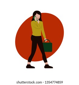 Girl in casual clothes with office bag walking and using smart phone, concept icon vector, flat cartoon illustration, business logo, web design.