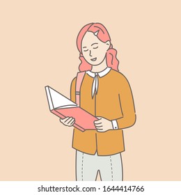Girl in casual clothes reading pink paper book vector cartoon illustration isolated on pink background. Intelligent woman has intellectual hobby and enjoying interesting novel outline concept.