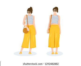 A girl with casual outfit want to go chill with her friend at the Mall. She wearing shirt, yellow pants, shoulder bag and glasses.