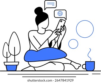 Chica chateando casualmente con inteligencia artificial o asistente de IA por teléfono y encontrando nuevas ideas al instante y aprendiendo cosas fácilmente ilustración de triple tono de Vector 