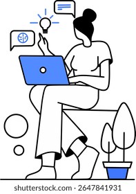 Girl casually chatting with artificial intelligence or AI assistant on phone and finding new ideas instantly and learning stuffs easily vector triple tone illustration 